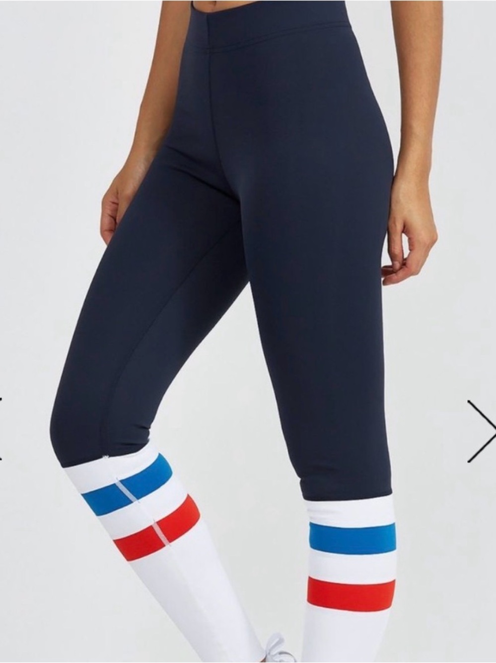 Kyle x Bandier collab High-Rise Navy Leggings with Red & Blue Stripe Cuffs